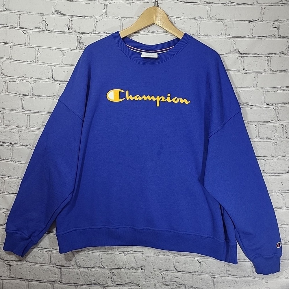 Vtg Champion Spellout Crewneck Sweatshirt Mens 2XL Blue Logo Cotton Blend‎ Spot